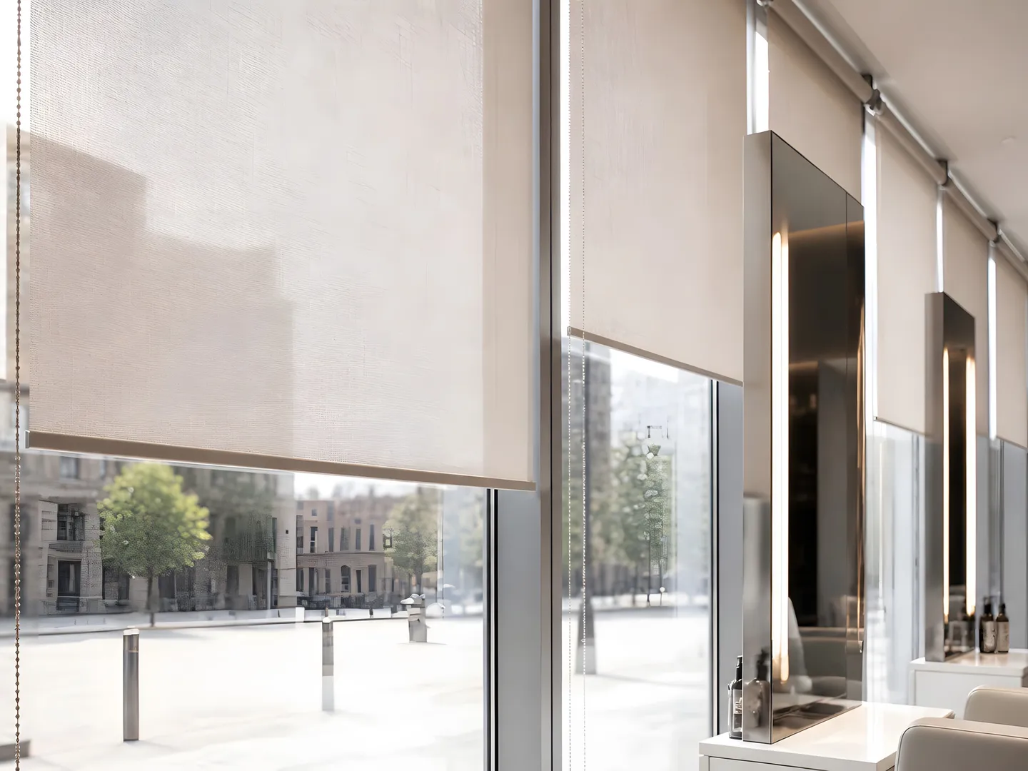 Pale roller blinds beside salon styling chairs and mirrors