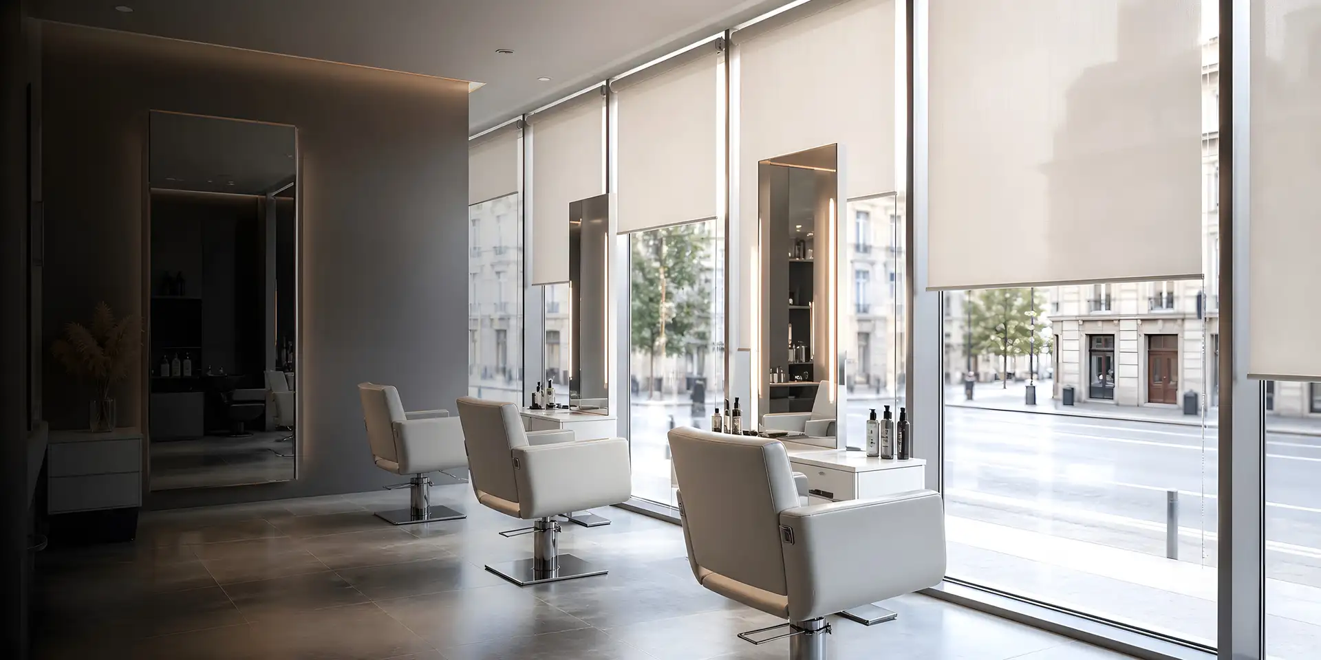 Roller blinds controlling daylight in a modern British hair salon