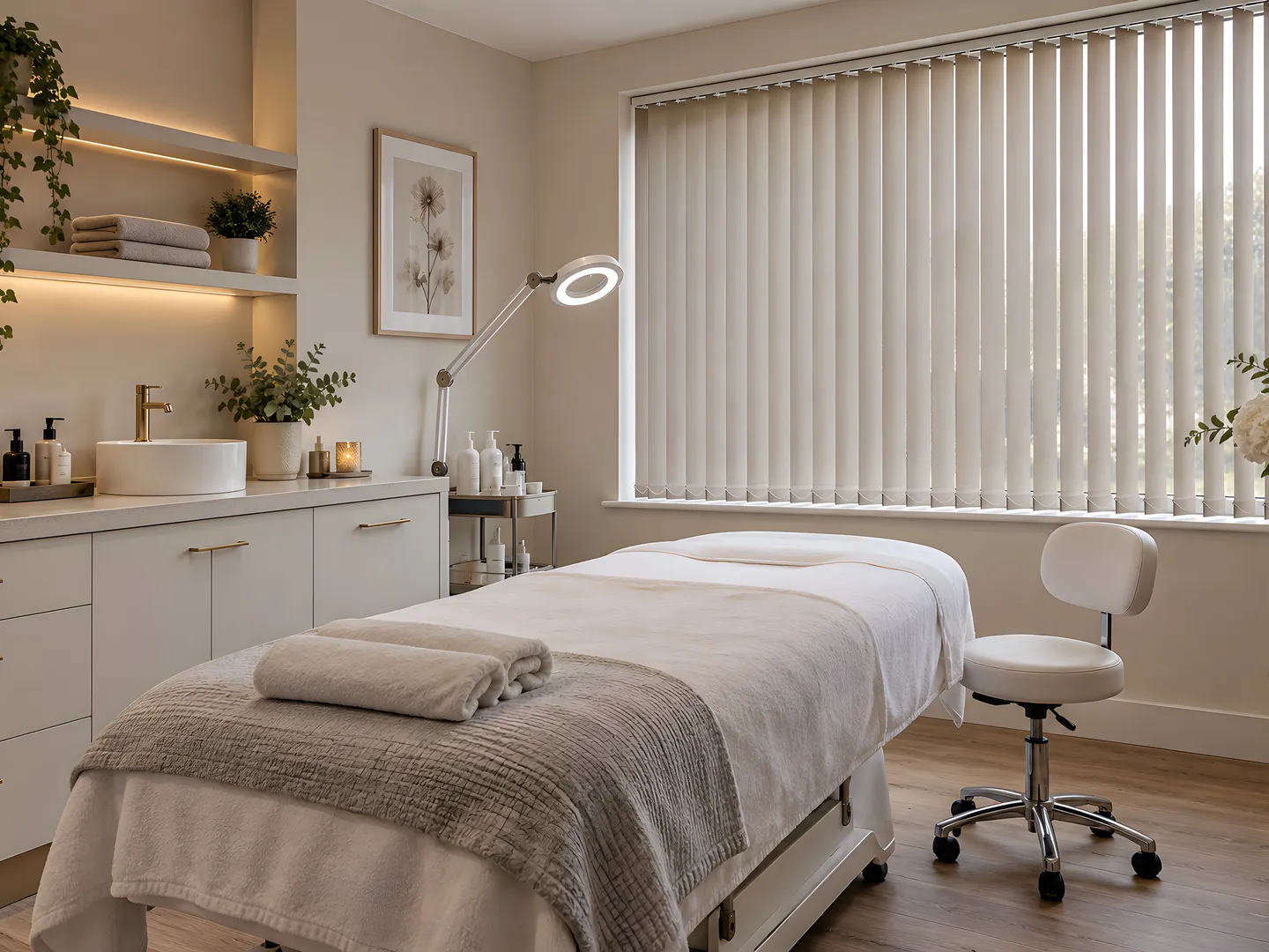 Taupe vertical blinds beside a professionally prepared salon treatment couch