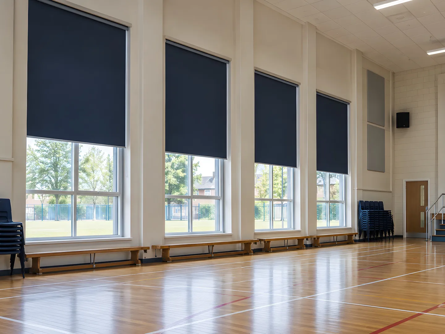 Navy blackout roller blinds on the tall windows of a British school hall