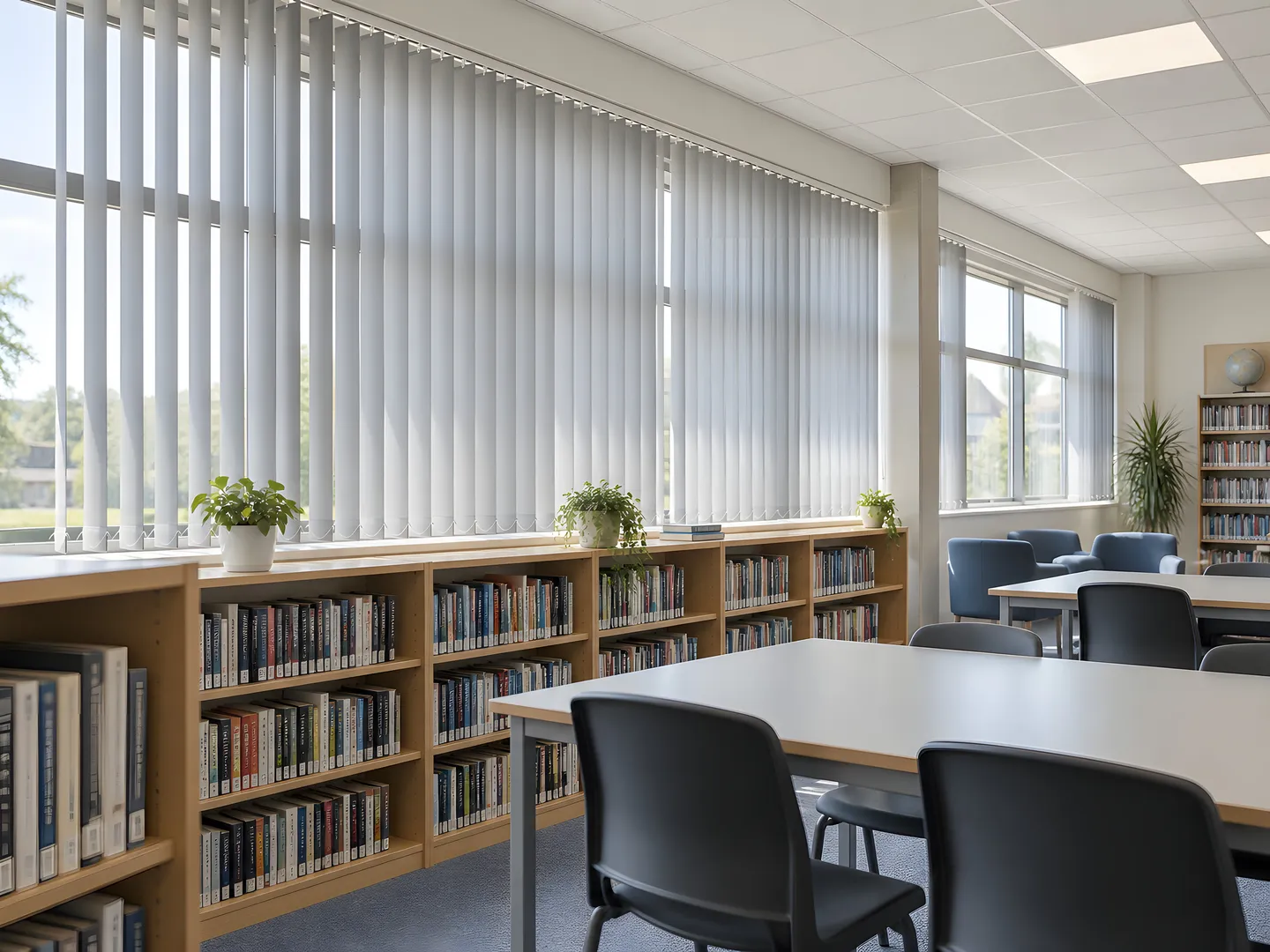 Pale vertical blinds beside school library bookcases and reading tables