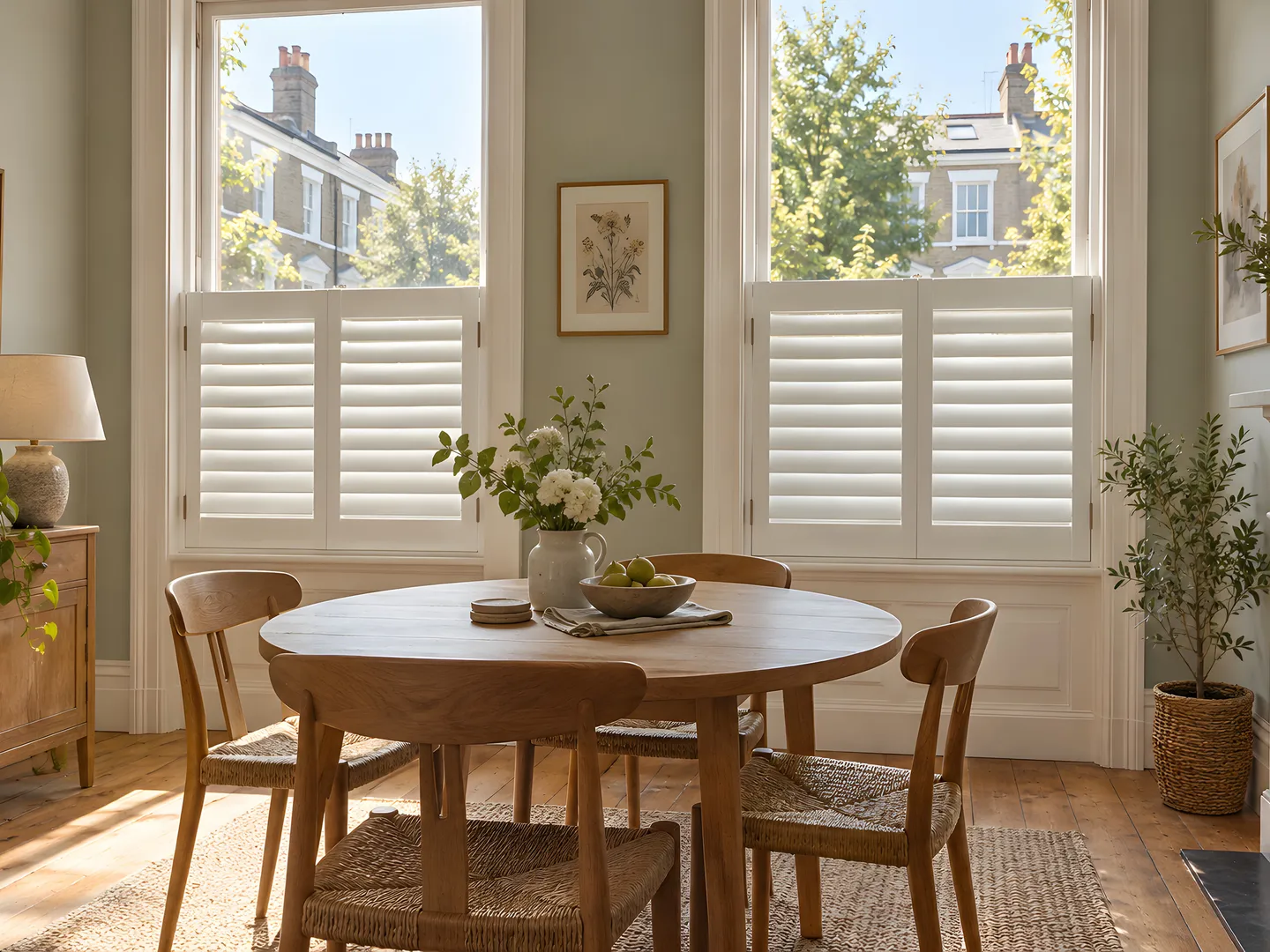 White cafe-style shutters covering the lower half of a dining room sash window
