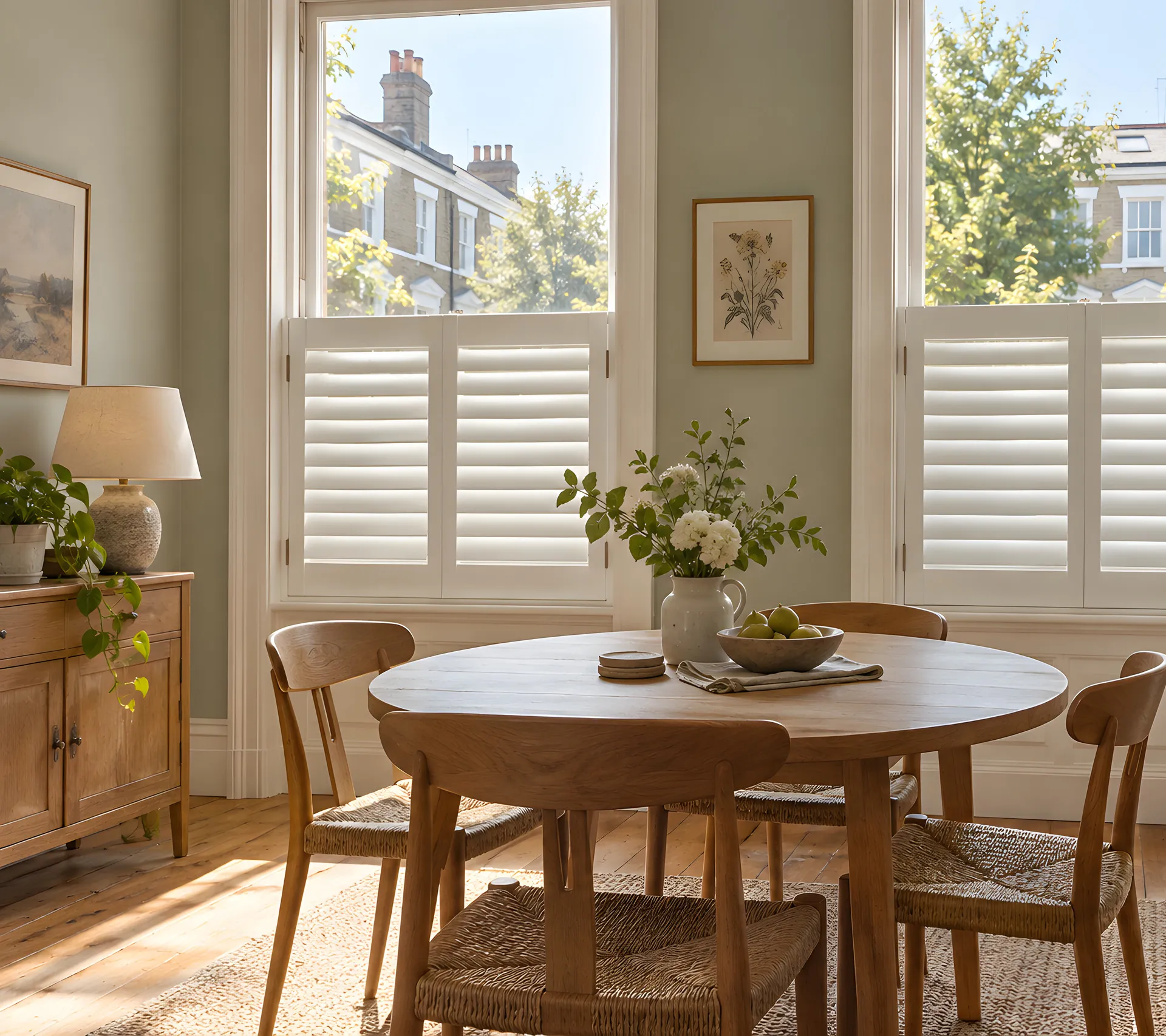 White cafe shutters bringing privacy to a period dining room
