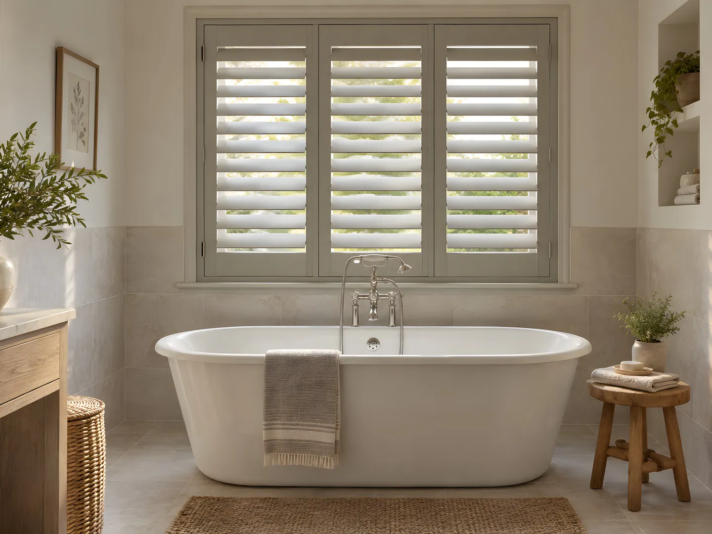 Pale grey plantation shutters fitted to a bathroom window above a bath