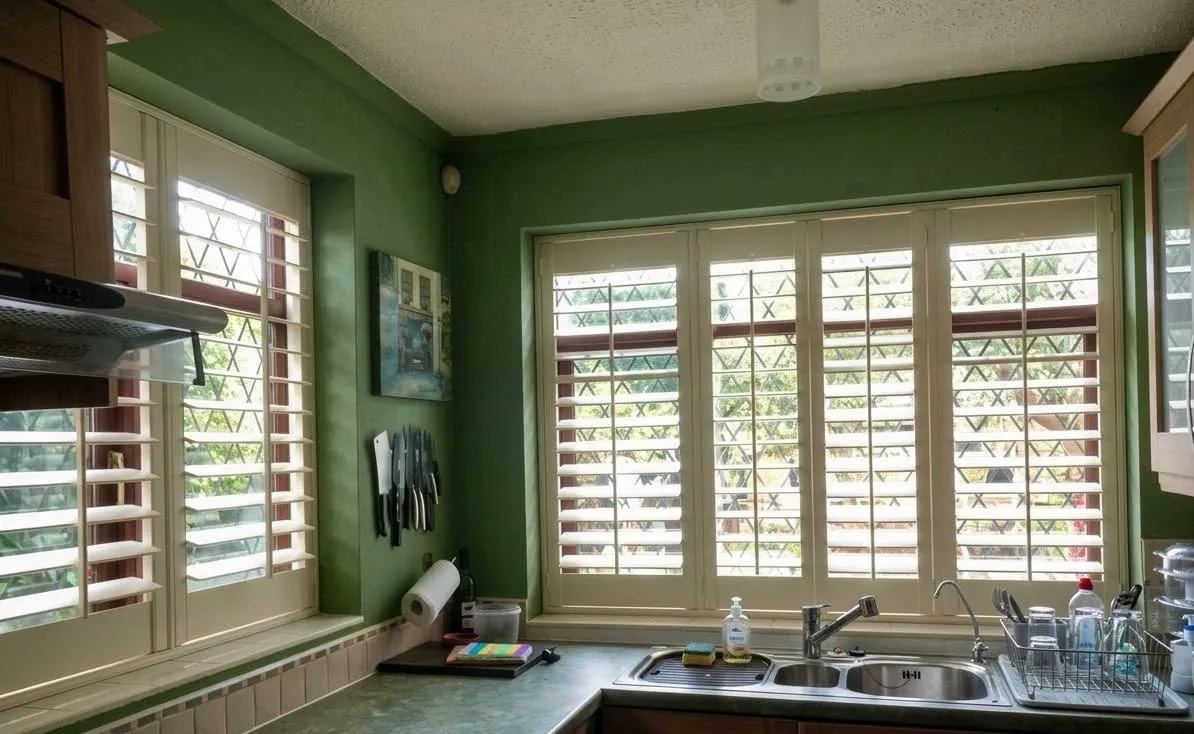 Cream full-height shutters fitted to two leaded kitchen windows above the sink and worktop