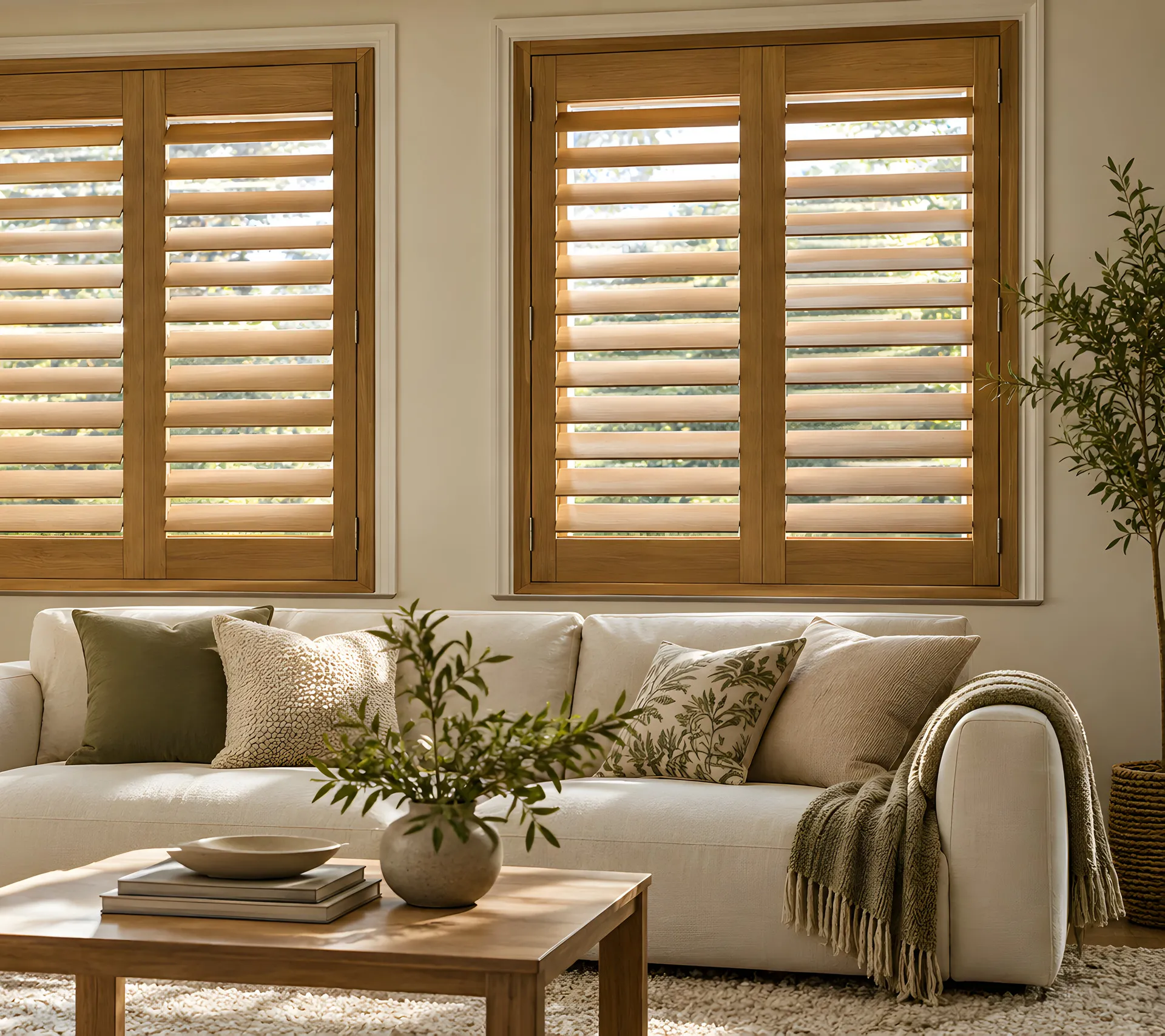Natural oak shutters in a softly furnished living room