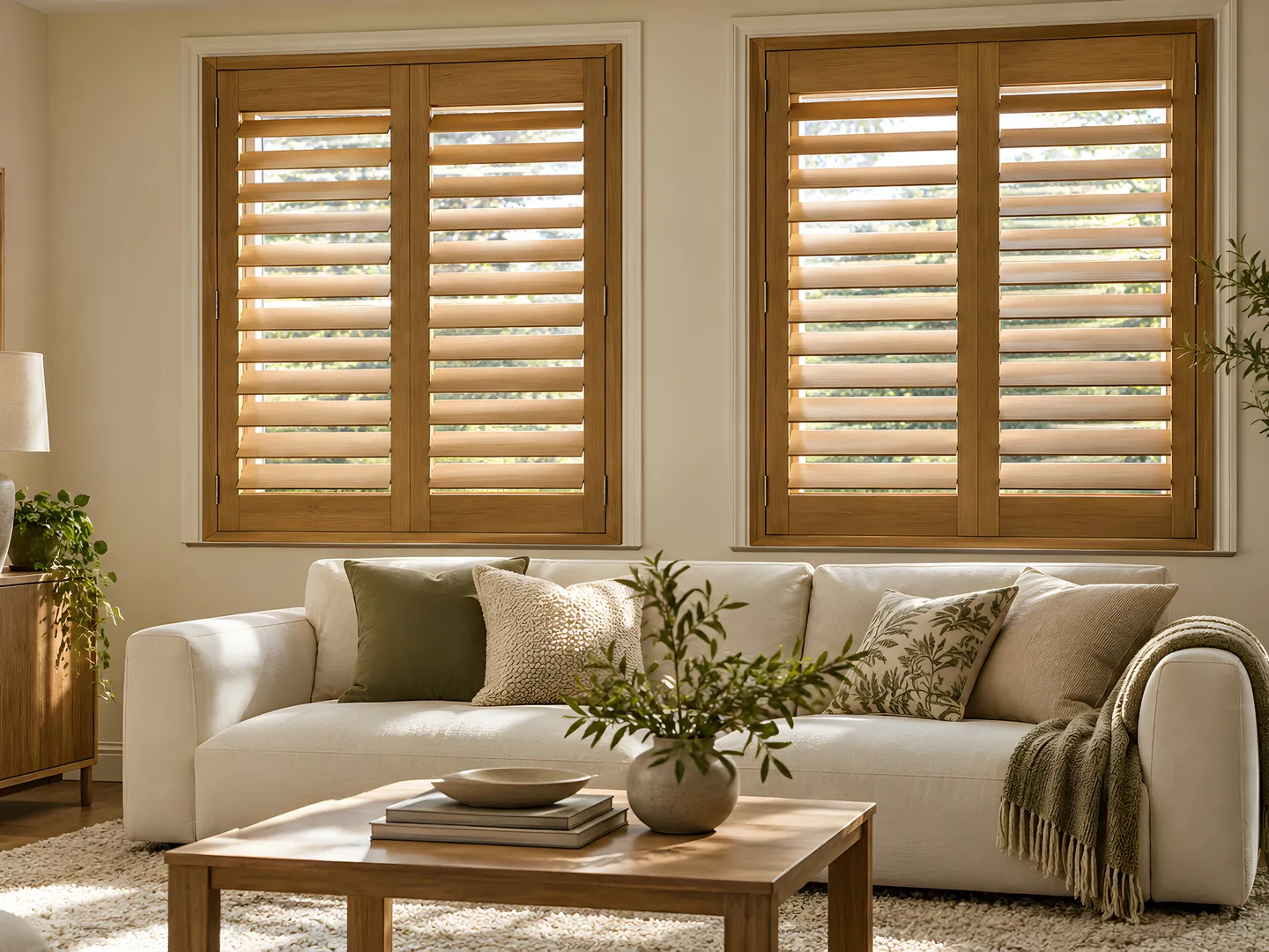 Natural oak plantation shutters at a living room window beside a cream sofa