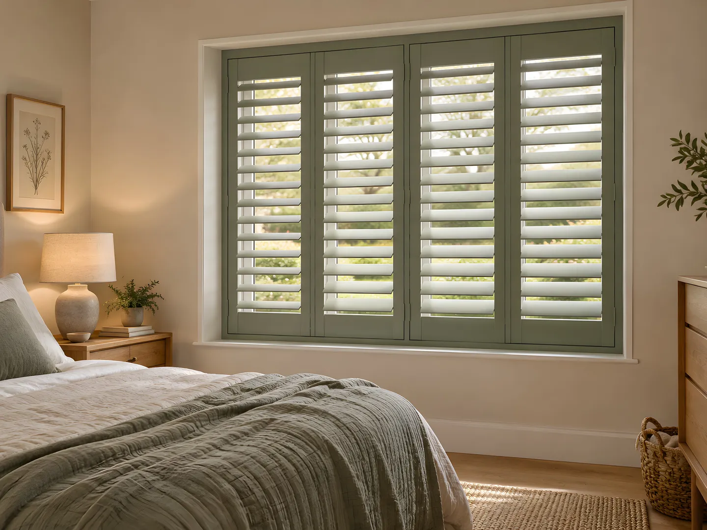Sage green plantation shutters fitted inside a bedroom window reveal