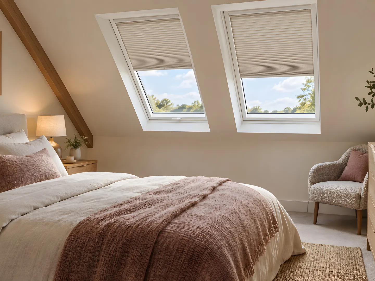 Oatmeal pleated roof-window blinds above a neatly dressed bed in a warm loft bedroom