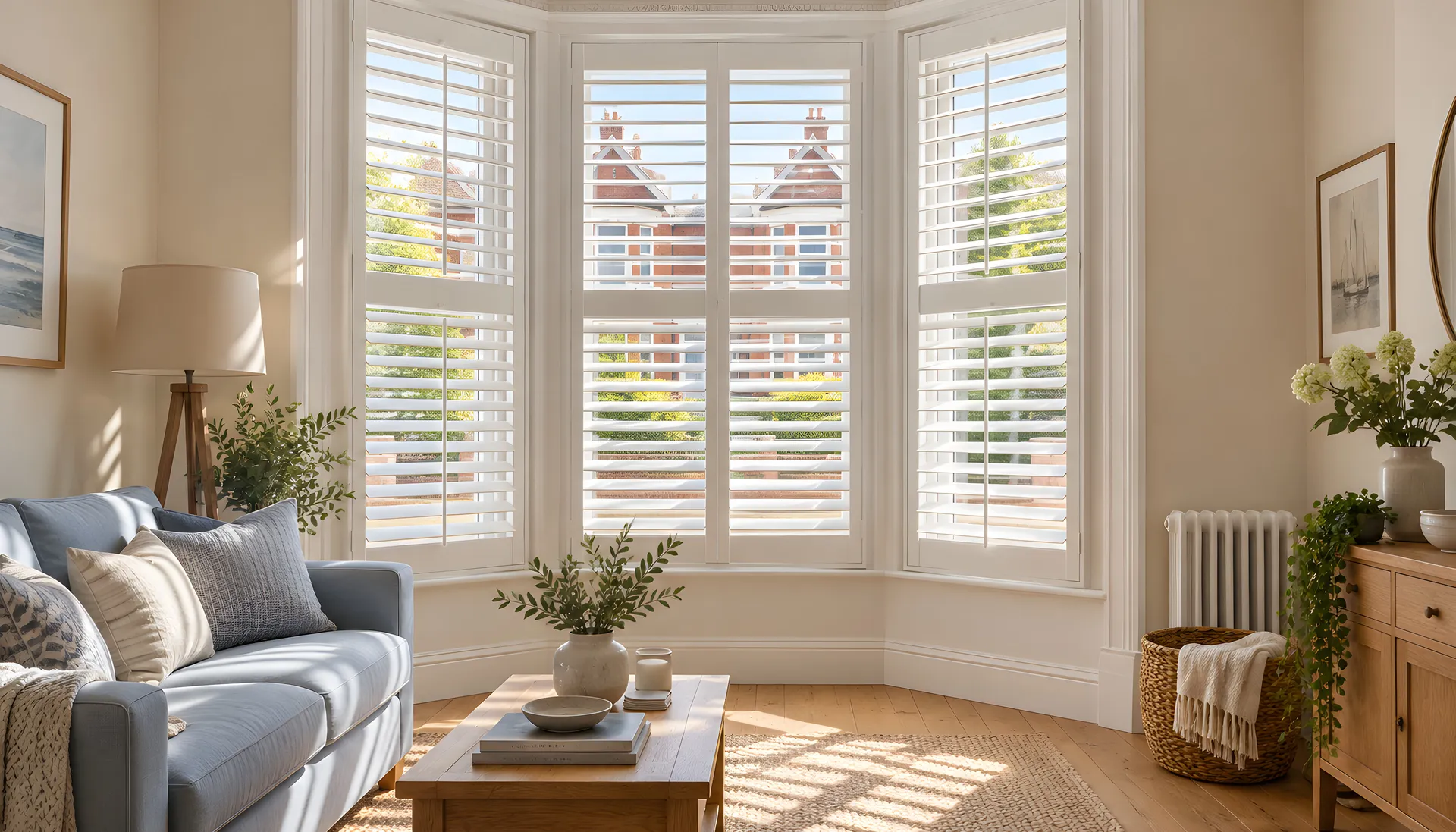 White shutters in a Victorian bay overlooking neighbouring brick gables