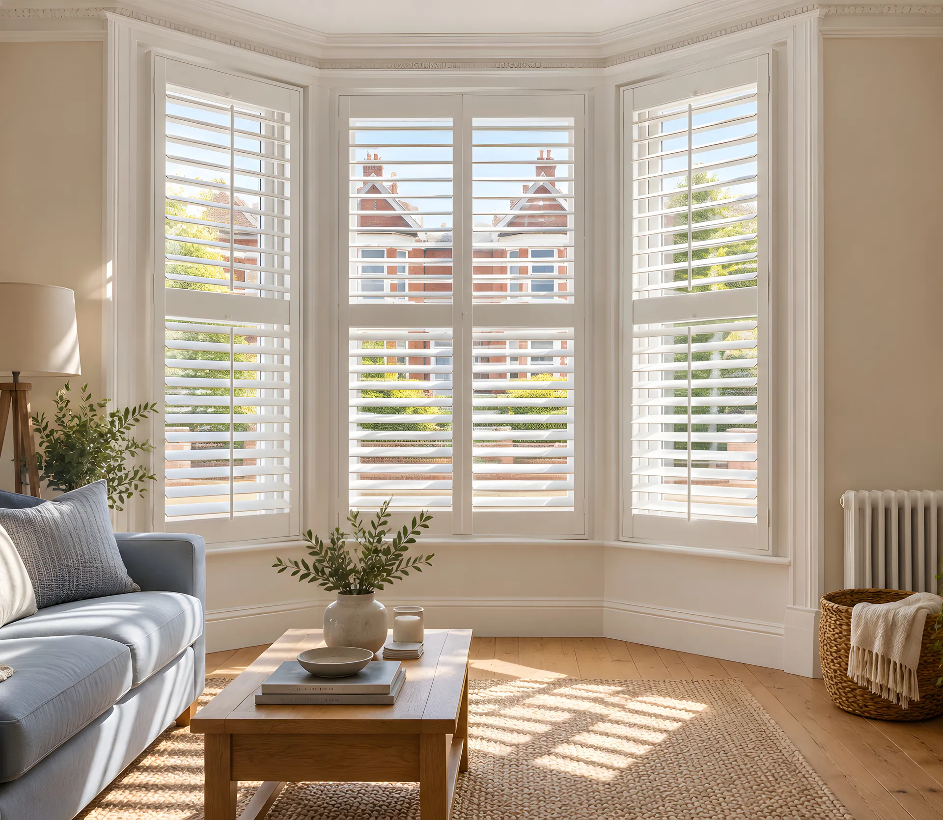 White shutters in a Victorian bay overlooking neighbouring brick gables
