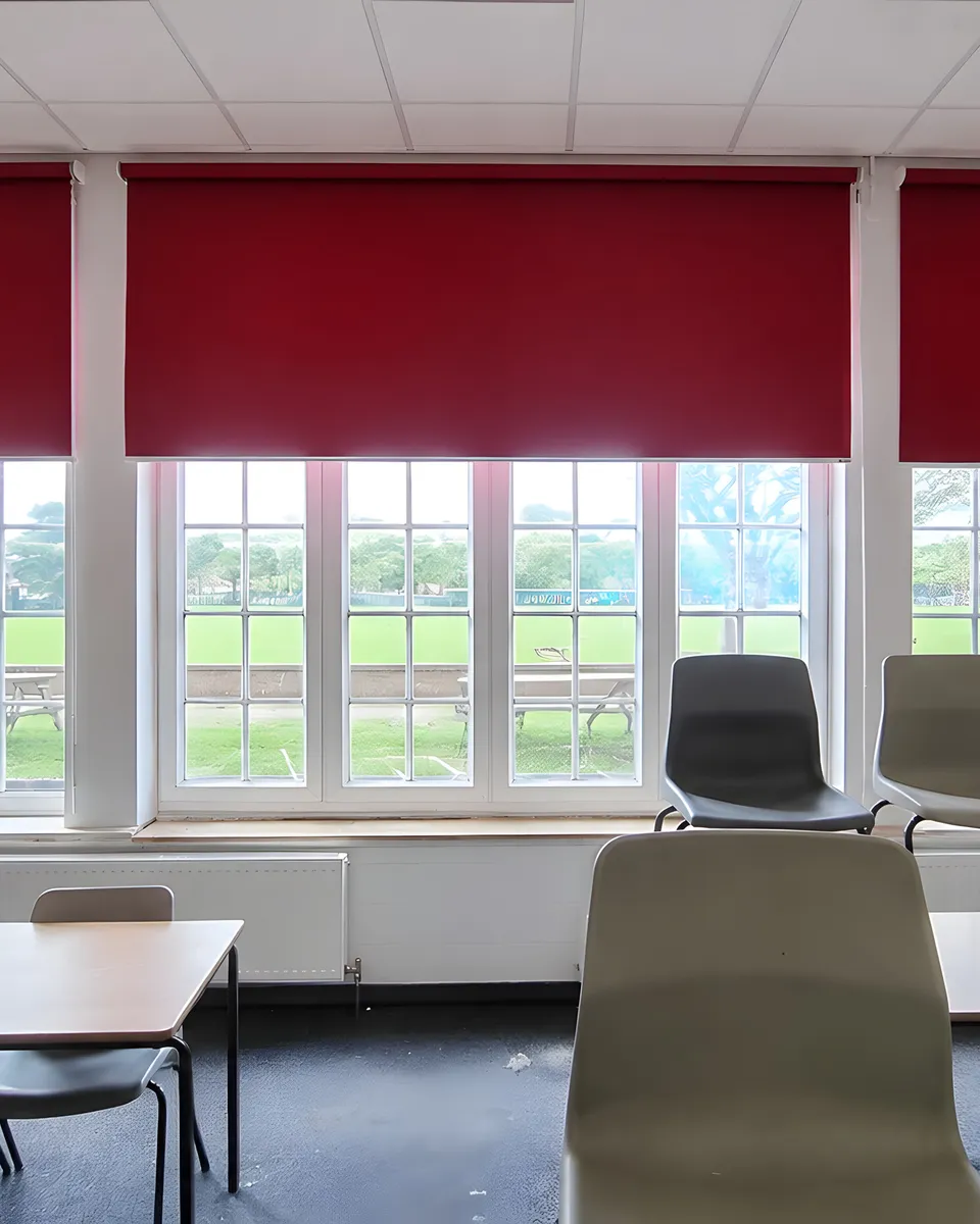 School classroom window fitted with a practical roller blind at Stockport School