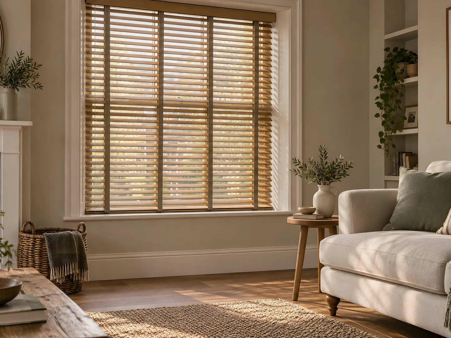 Oak Venetian blinds with neat fabric tapes beside a cream sofa in a styled living room
