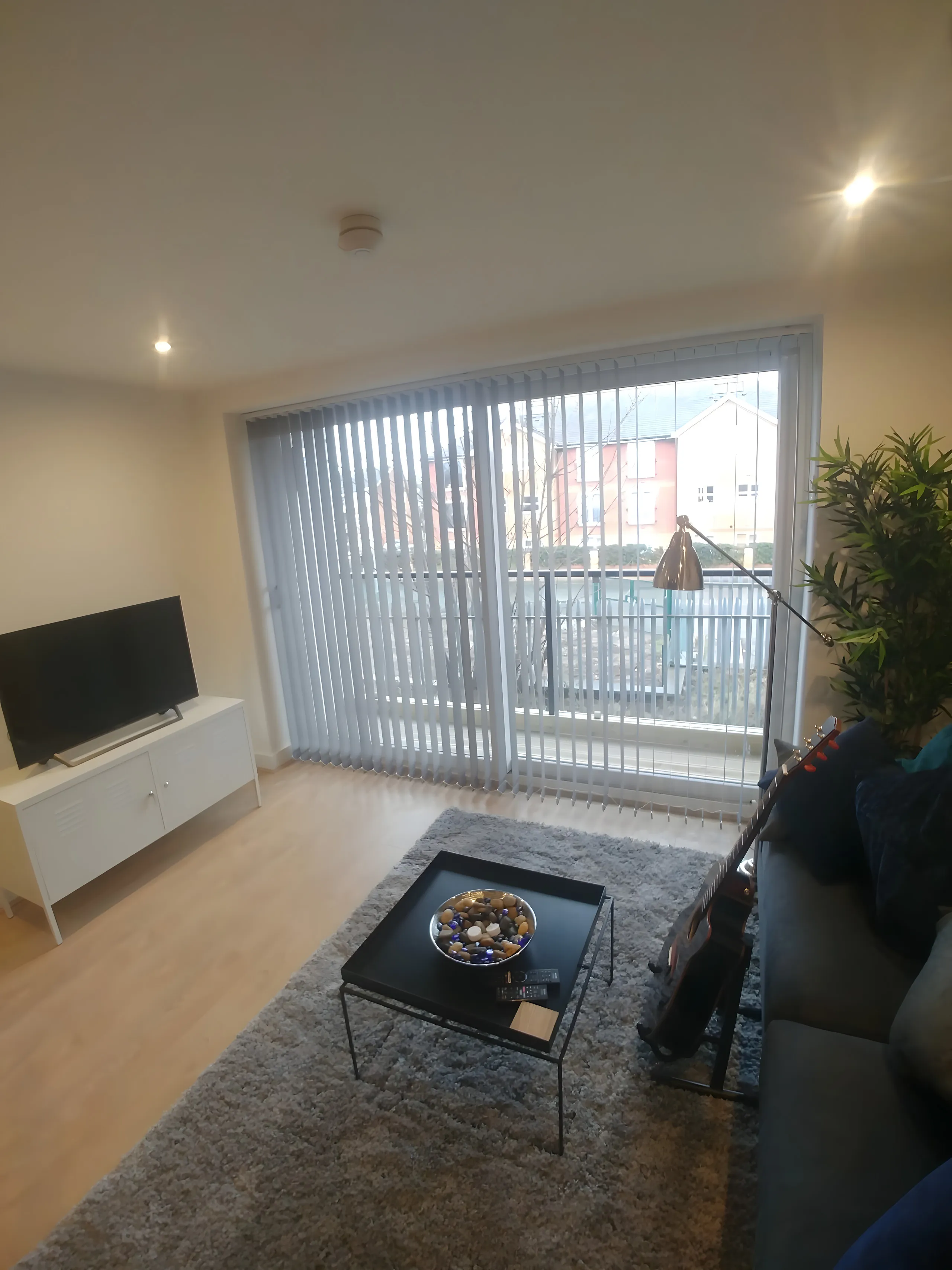 Vertical blinds across balcony doors in a living room with a television and plants