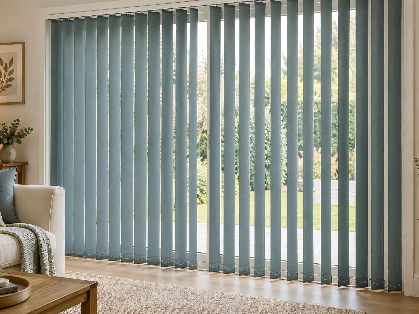 Muted teal vertical blinds fitted across living room patio doors beside a cream sofa