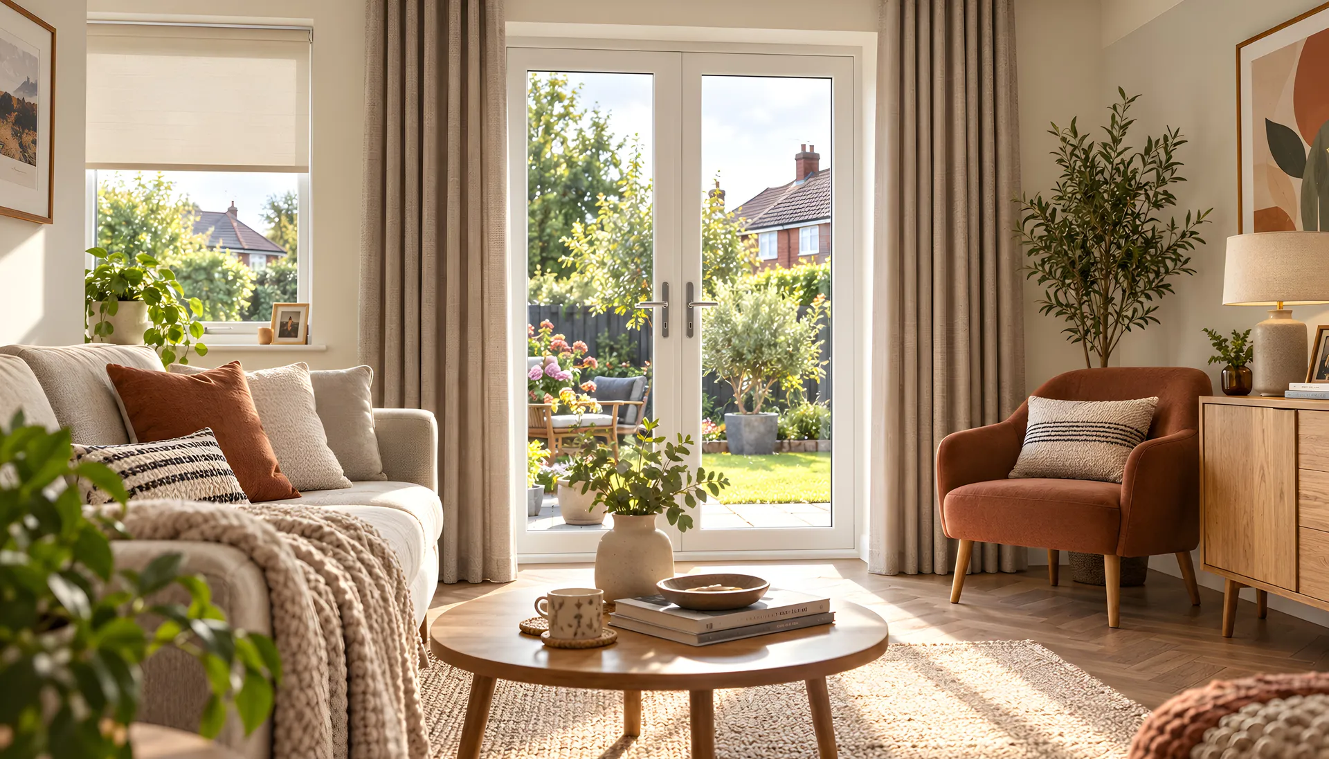 Taupe wave curtains and a roller blind in a garden-facing family living room